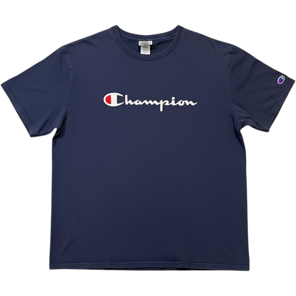 Vintage Champion Spell Out Script Logo T-Shirt Navy Blue Men's XL Short Sleeve